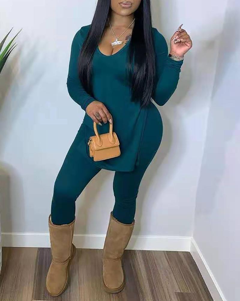 

V Neck Long Sleeve Asymmetrical Top & Pants Set, Blue