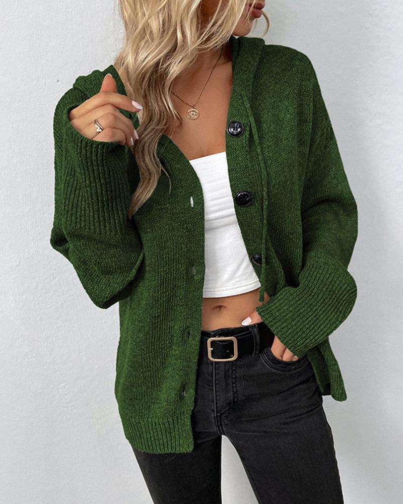 

Long Sleeve Buttoned Drawstring Hooded Knit Cardigan, Army green
