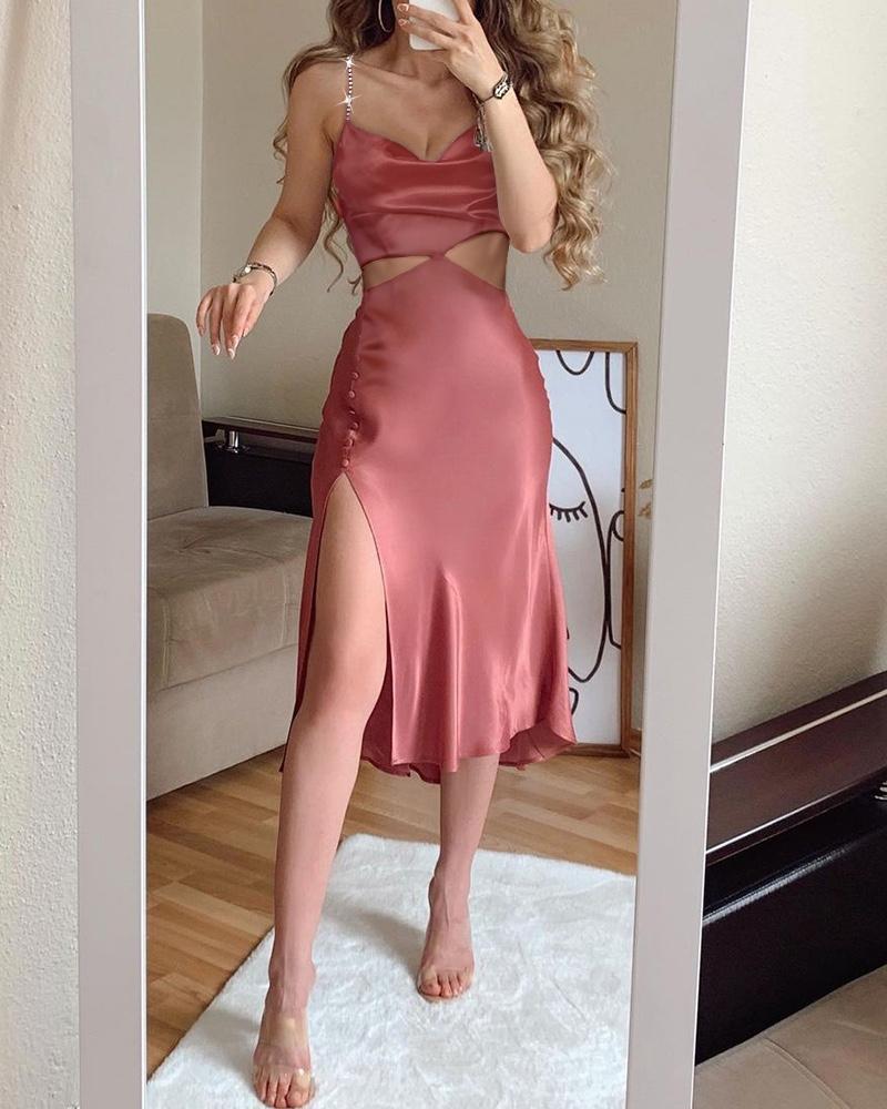 

Chain Strap Cutout High Slit Satin Dress, Pink