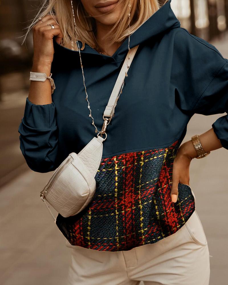 

Plaid Print Colorblock Long Sleeve Hooded Sweatshirt, Purplish blue