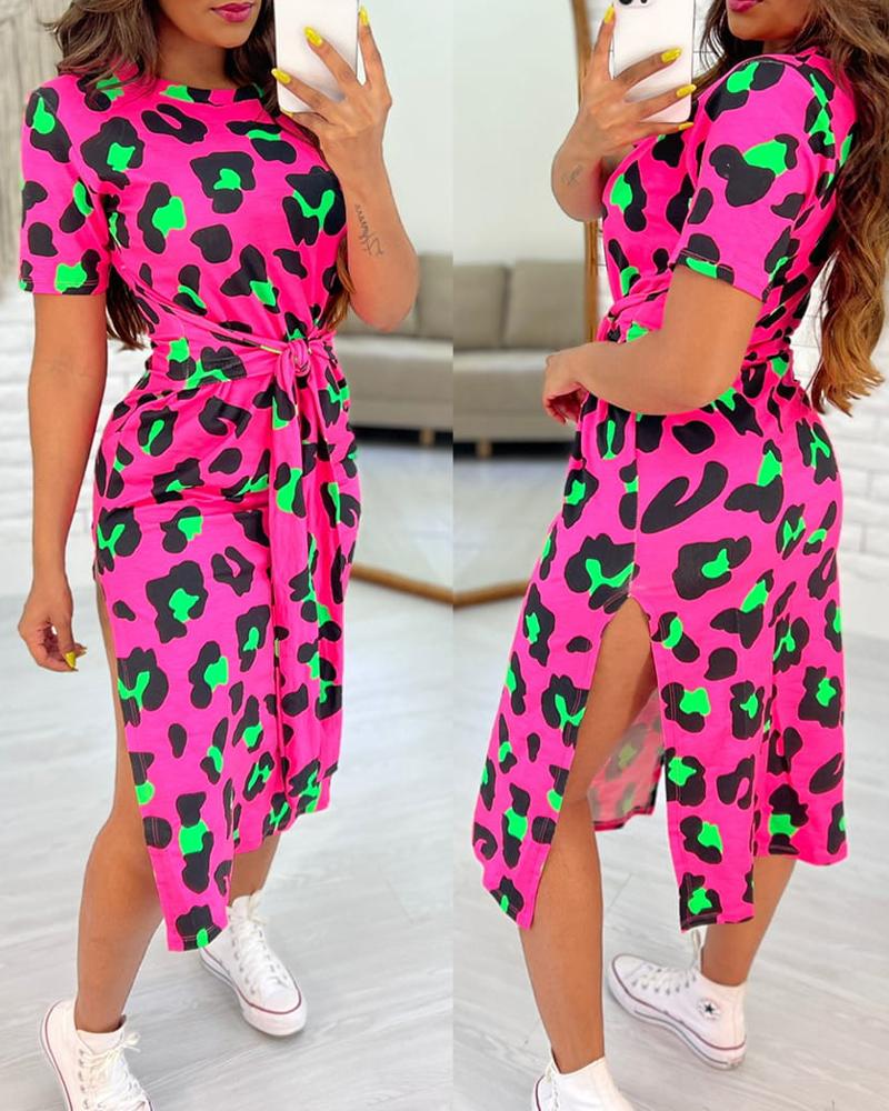 

Pink Leopard Print Tied Detail Slit Casual Dress, Rose red