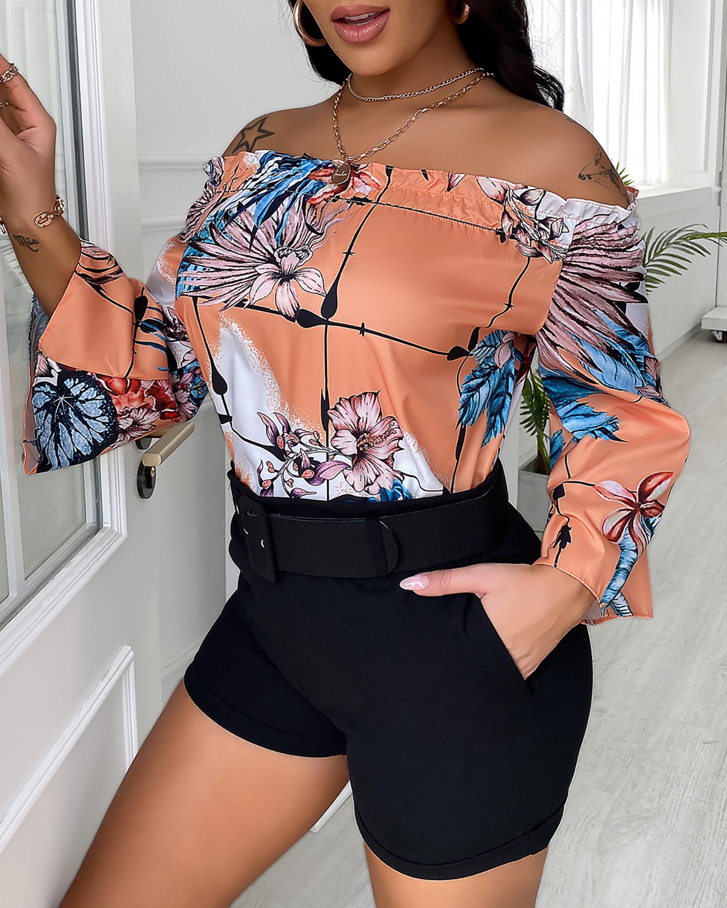 

Off Shoulder Floral Print Top & High Waist Shorts Set, Orange