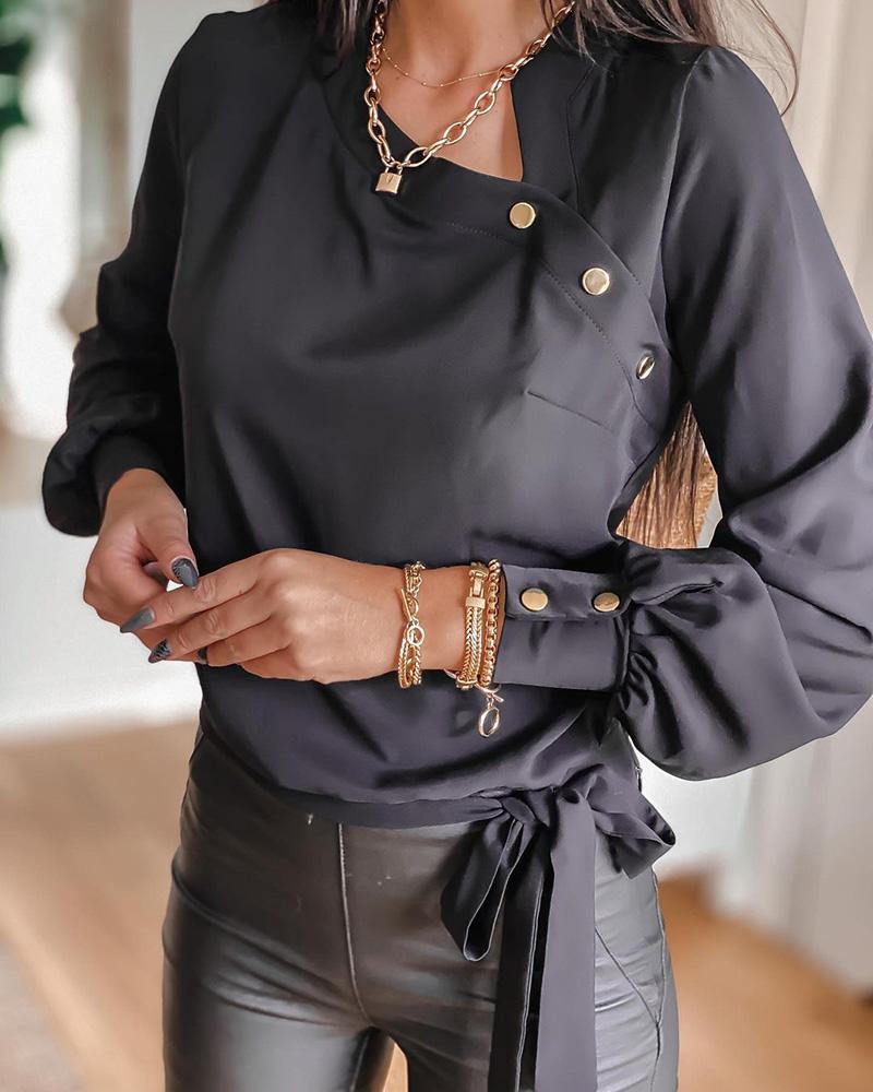 

Button Design Lantern Sleeve Tie Detail Top, Black