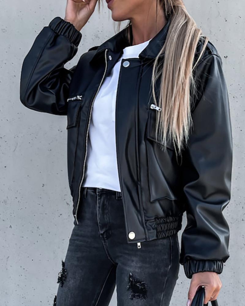 

PU Leather Zipper Pocket Design Jacket, Black
