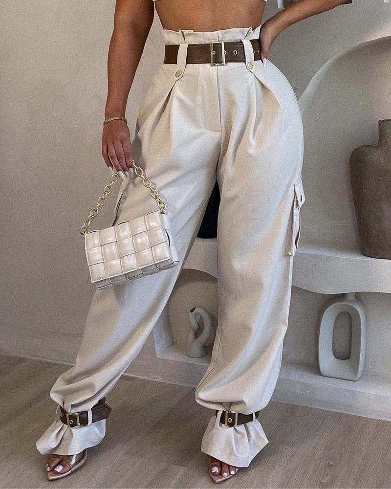 

Paperbag Waist Belted Pocket Design Cargo Pants, Khaki
