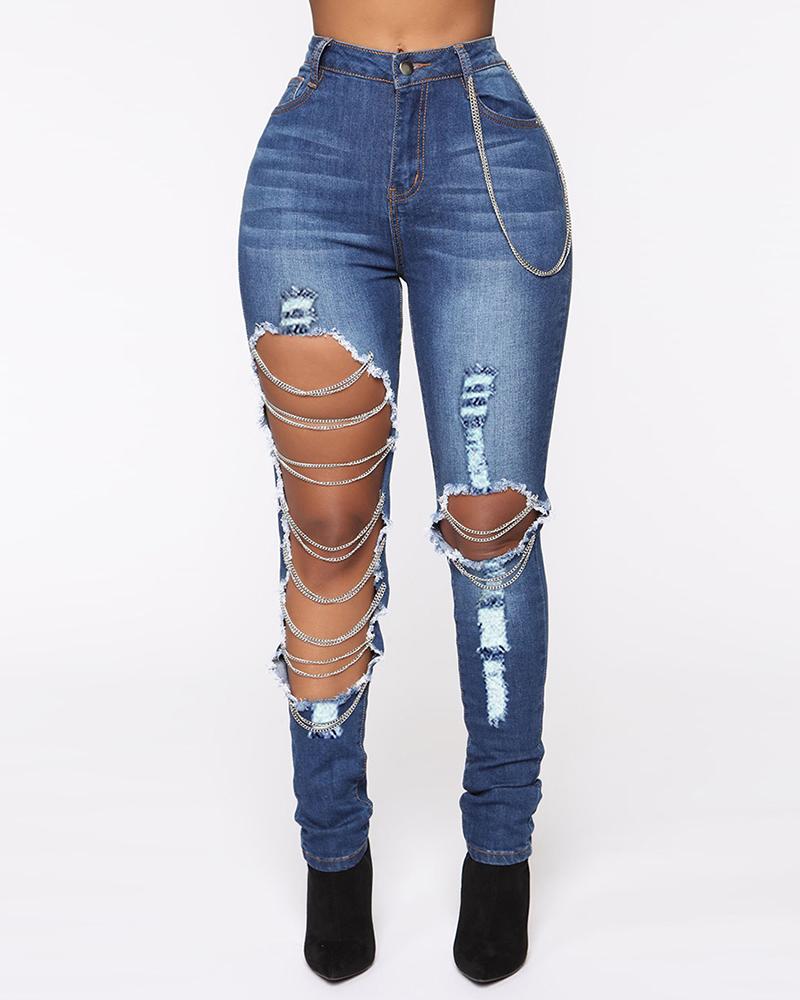 

Cutout Ripped Chain Decor High Waist Jeans, Blue