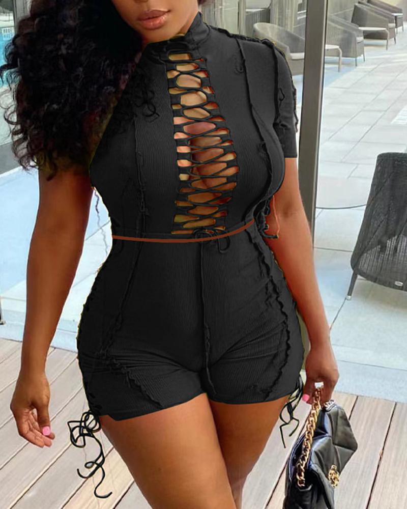

Lace-up Design Crop Top & Shorts Set, Black