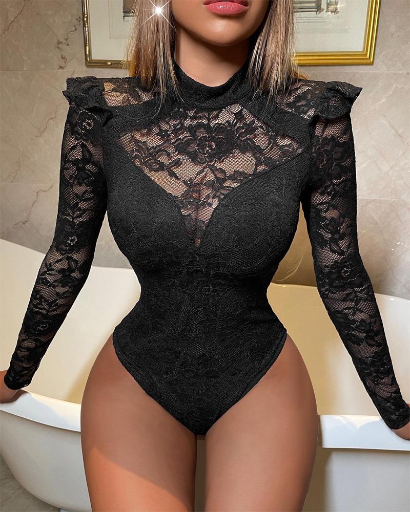 

Contrast Lace Long Sleeve Bodysuit, Black