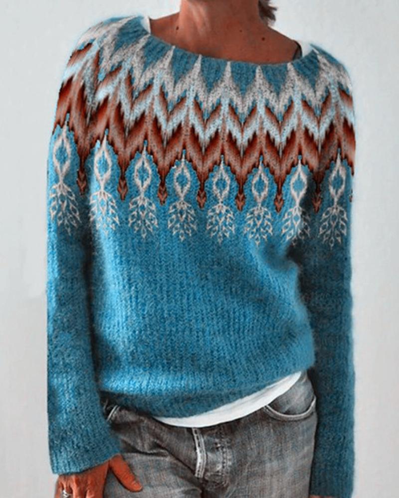 

Geometric Pattern Boat Neck Knit Sweater, Blue