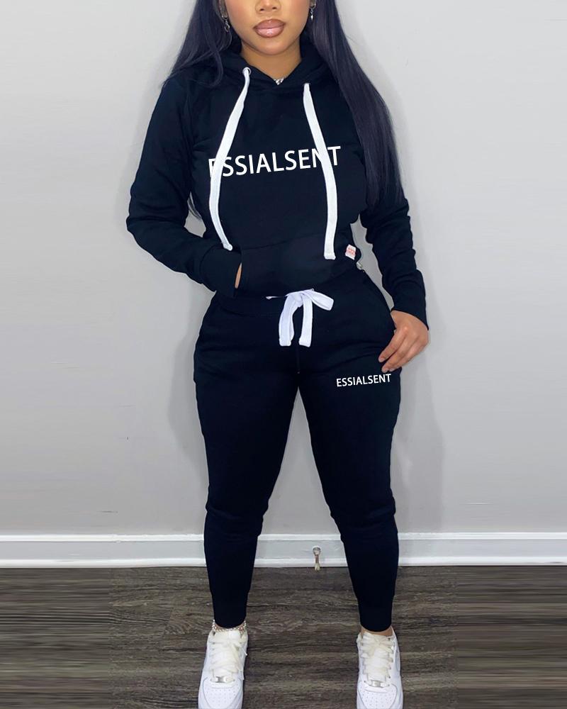 

Letter Print Long Sleeve Casual Hoodie & Pants Set, Black
