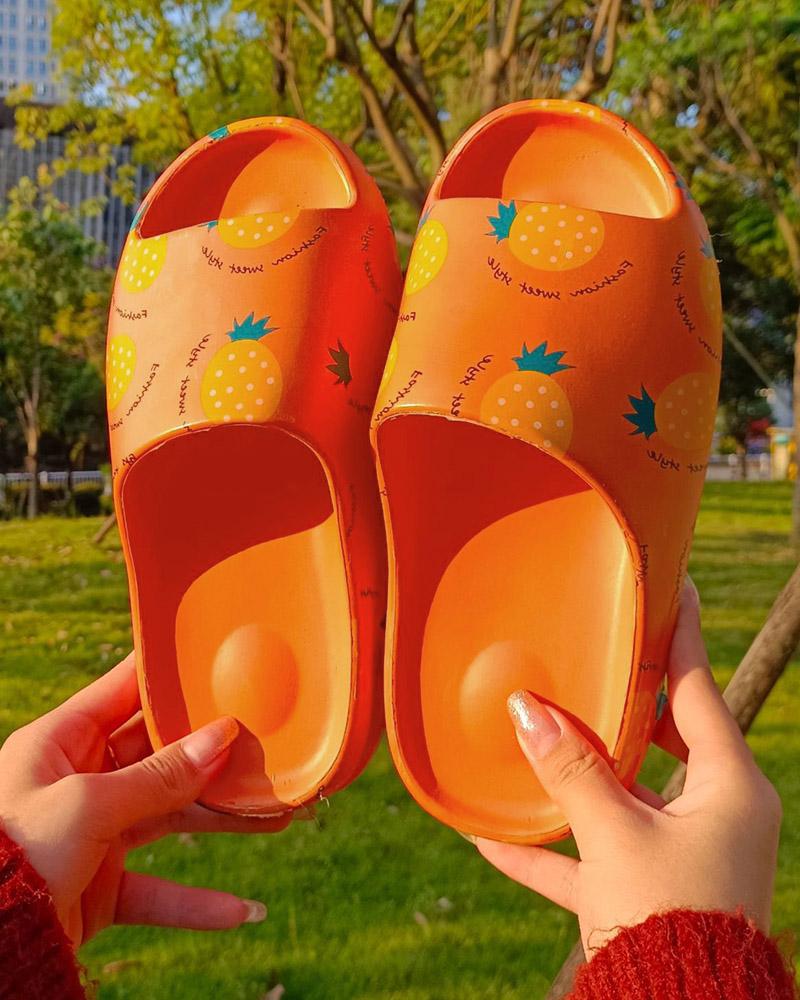 

Pineapple Print Round Toe Non-slip Slippers, Orange