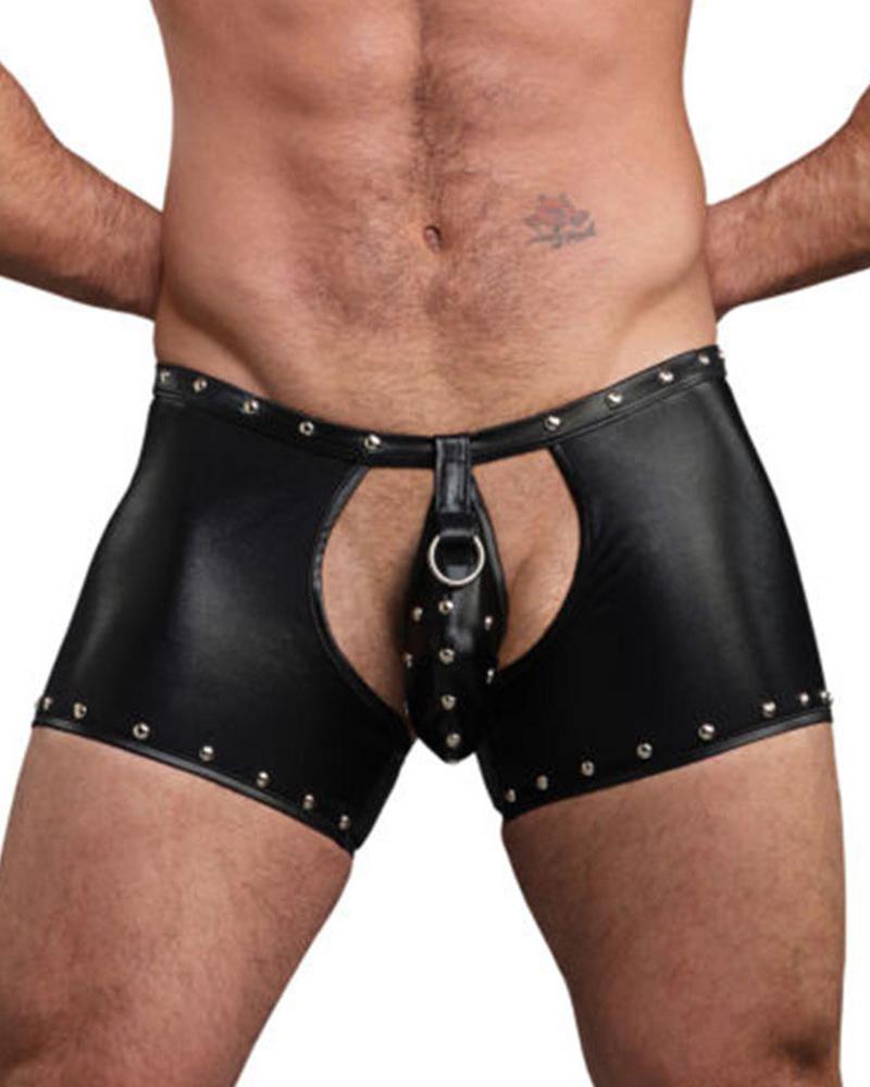 

Solid Cut-out Slim PU Studded Brief Underwear, Black