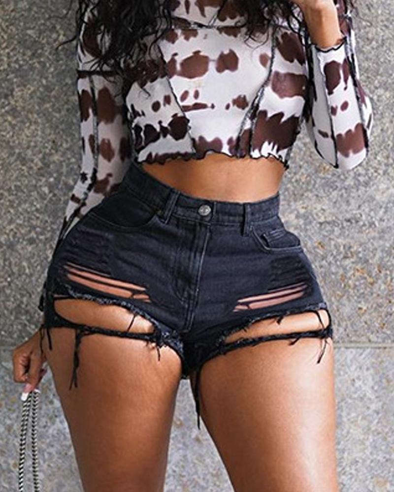 

Zipper Fly Cutout Ripped Raw Hem Denim Shorts, Black