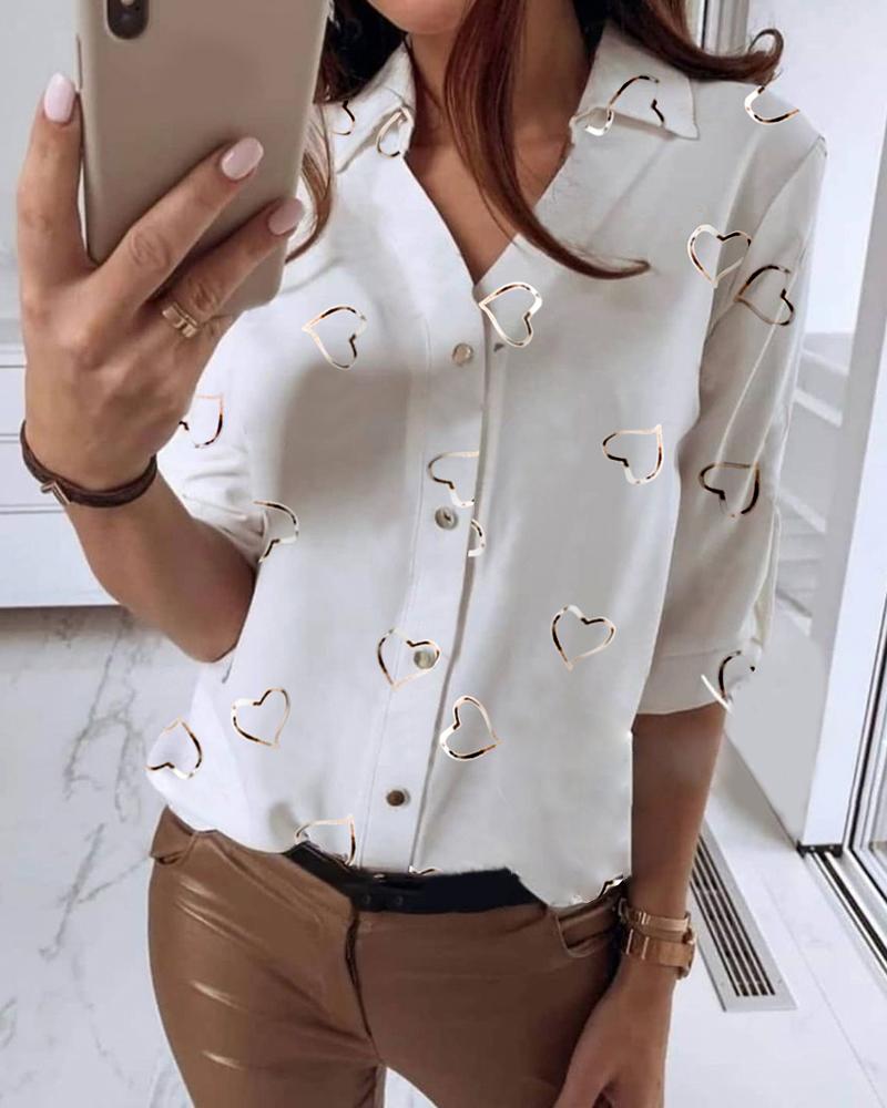 

Heart Print Button Design Casual Shirt, White