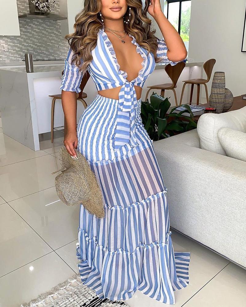 

Striped Tie Front Crop Top & Maxi Skirt Set, Blue