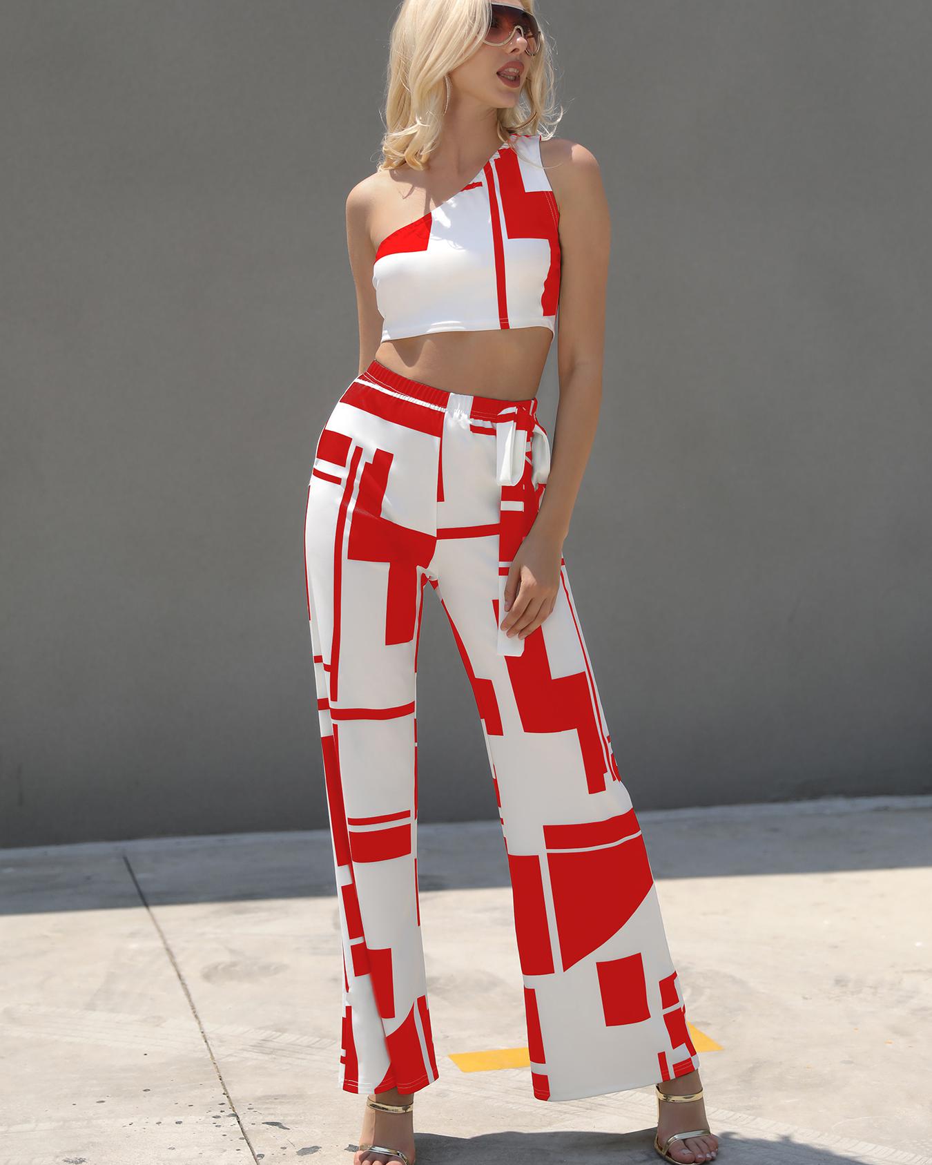 

Colorblock One Shoulder Cropped Wide Pants Set, Red