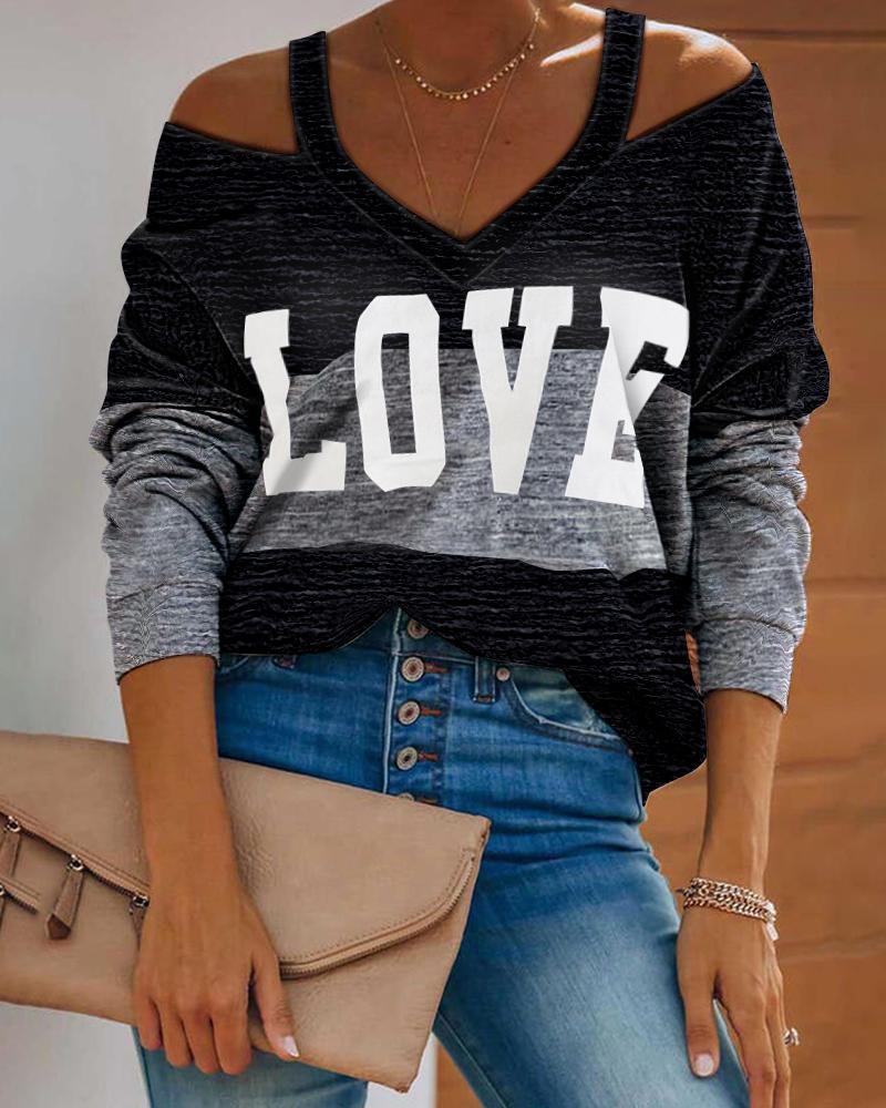 

Letter Print Colorblock Cold Shoulder Casual Top, Gray
