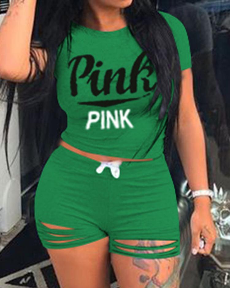 

Letter Print Tee & Ripped Shorts Sets, Green