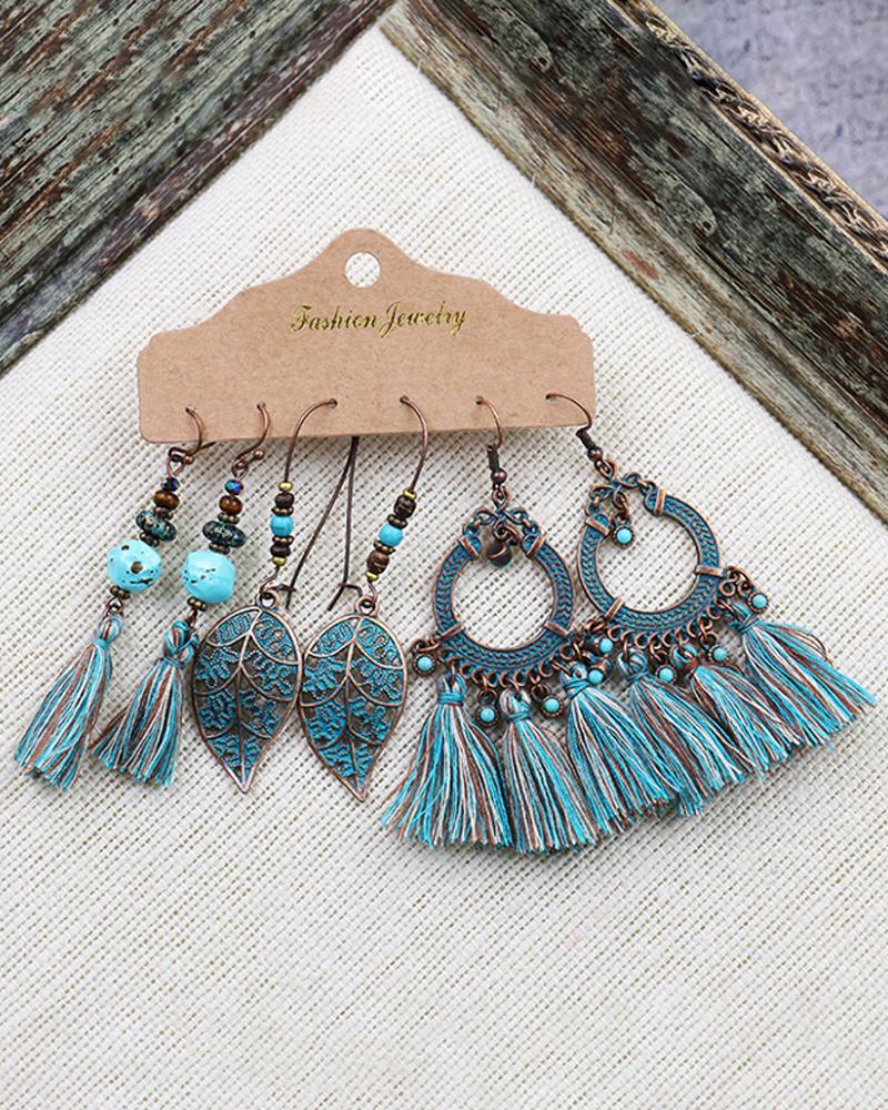 

3Pairs Feather Pattern Tassel Design Drop Earrings Set, Blue