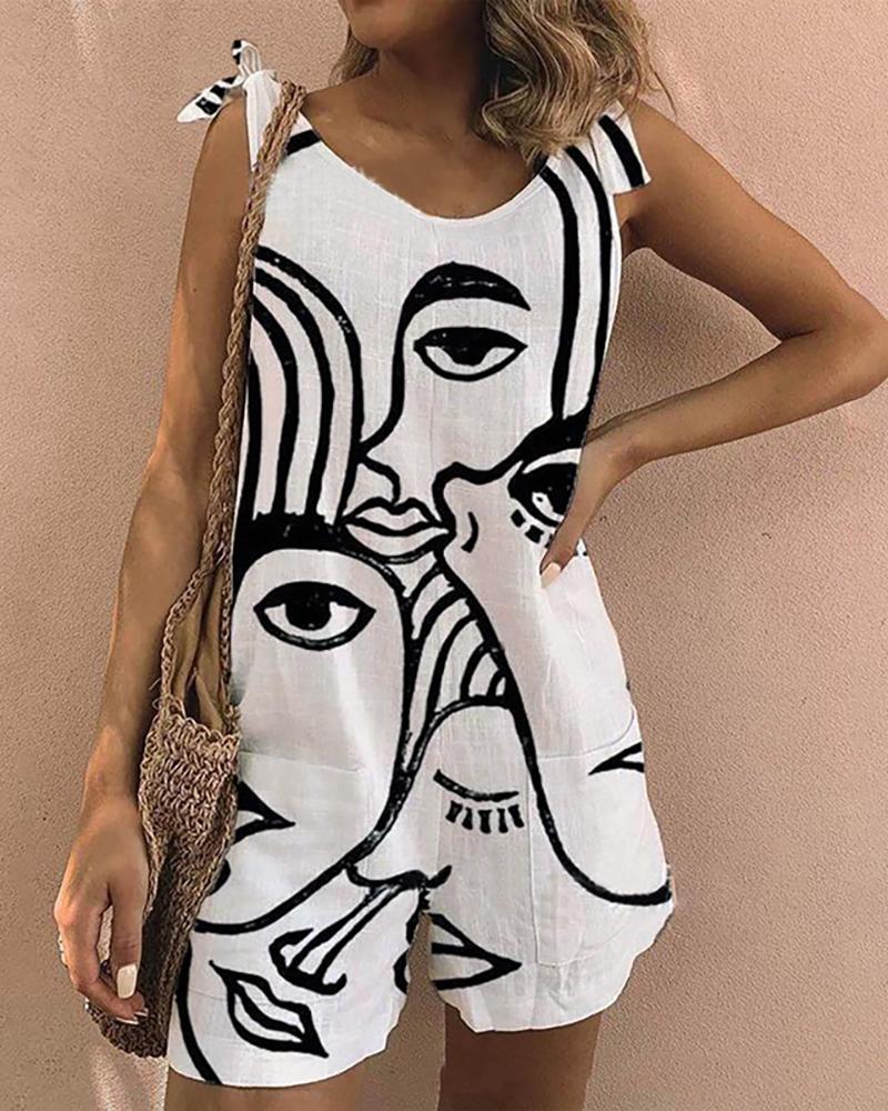 

Figure Print Tied Detail Romper, White