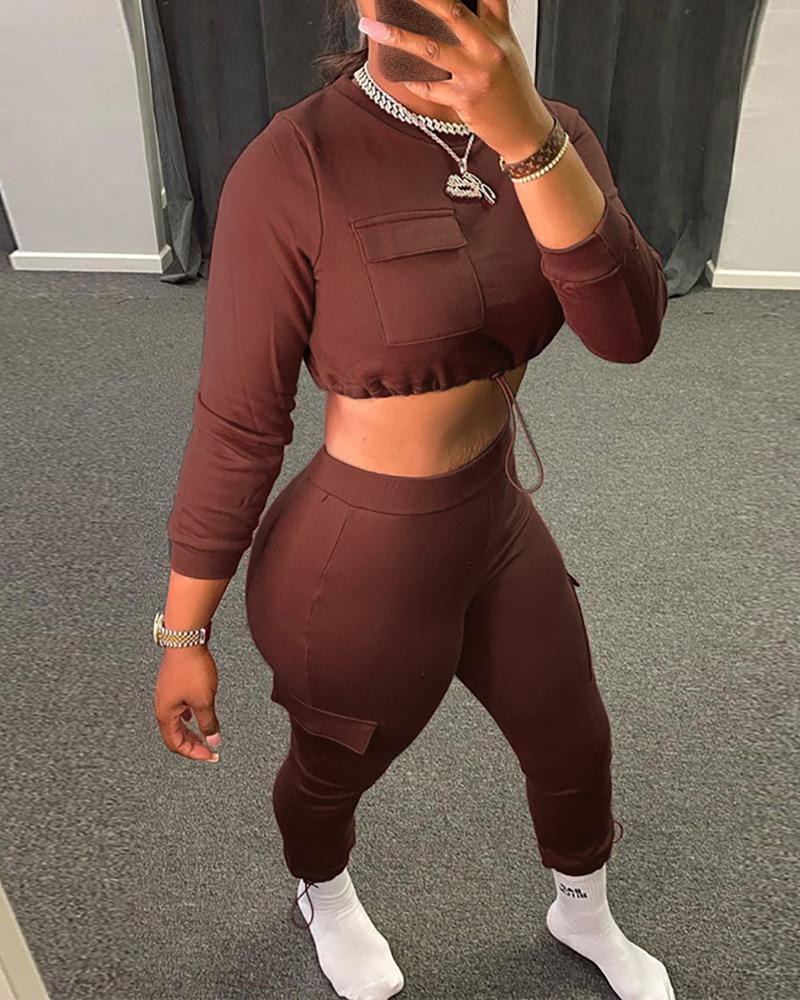 

Pocket Design Drawstring Crop Top & High Waist Pants Set, Brown