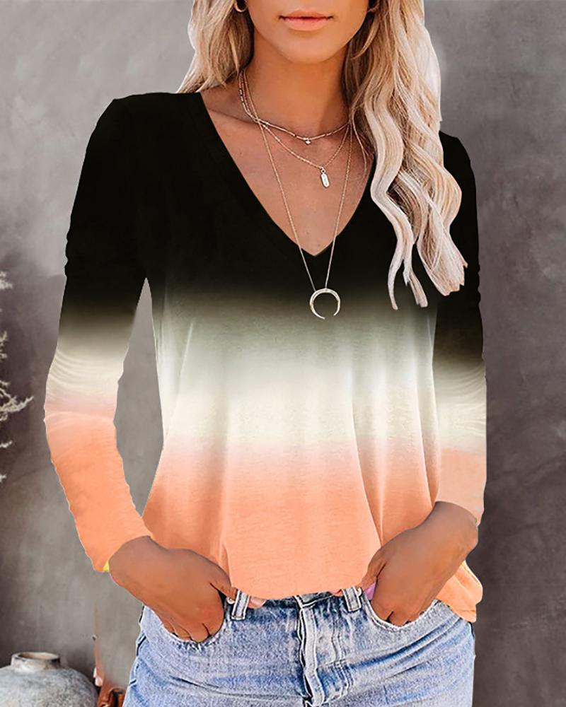 

Long Sleeve V Neck Ombre Colorblock Top, Orange