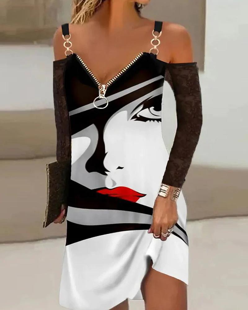 

Figure Print Contrast Lace Cold Shoulder Casual Dress, Black