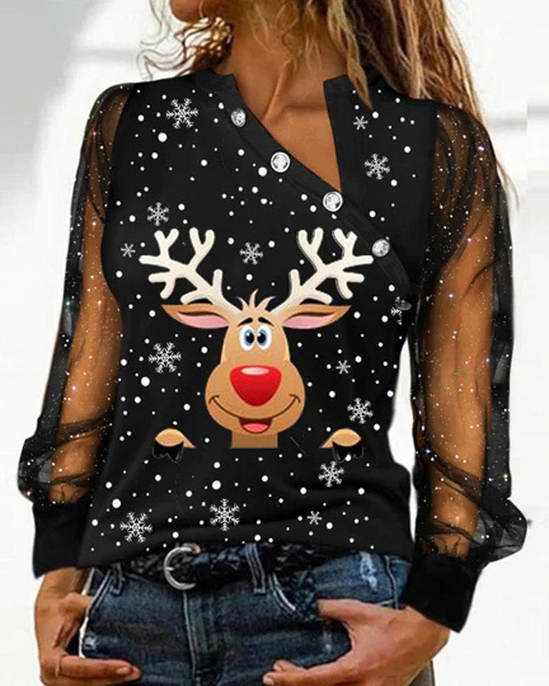 

Christmas Snowflake Elk Print Sheer Mesh Long Sleeve Top, Black