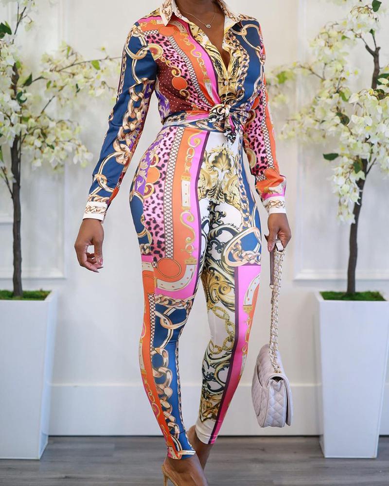 

Chain Baroque Print Button Down Shirt & Pants Set, Multicolor