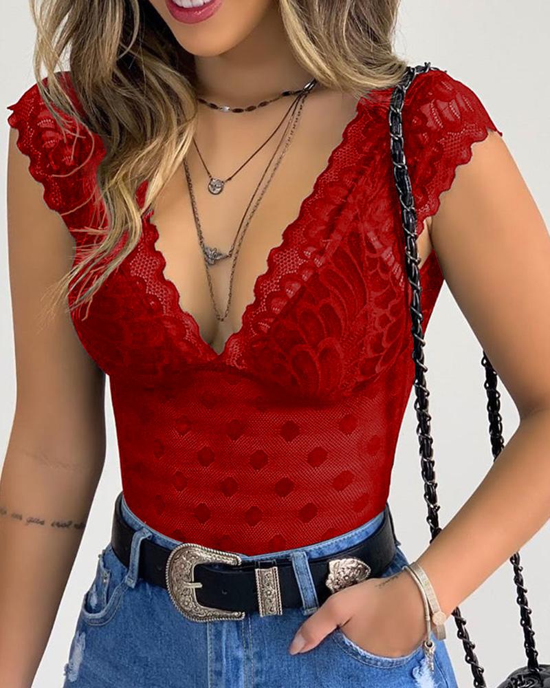 

Dot Mesh Lace Deep-V Neck Blouse, Red