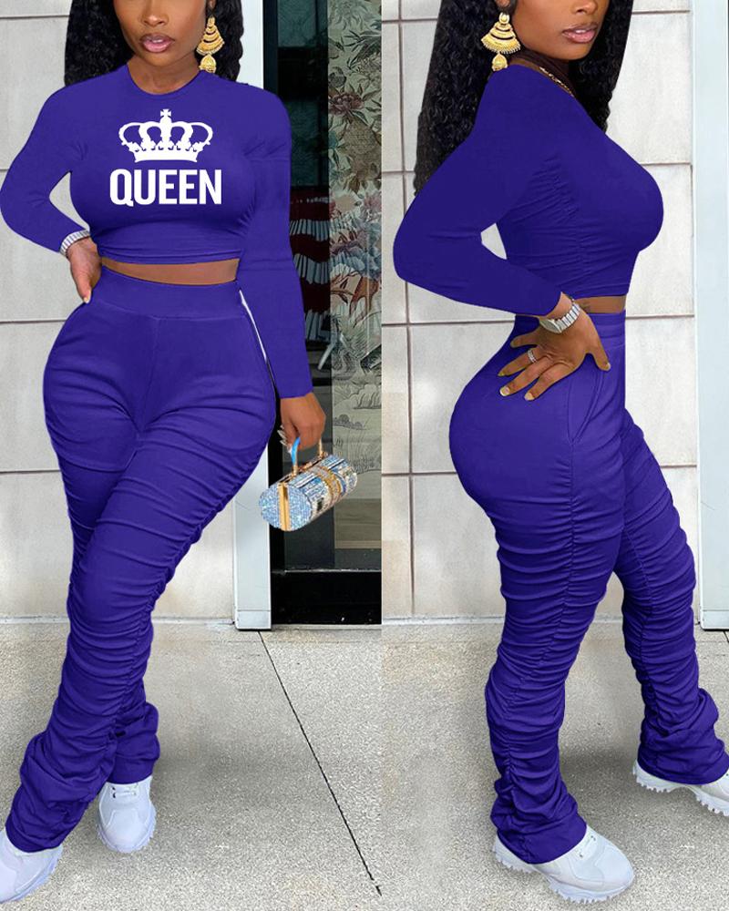 

Queen Crown Print Crop Top & Ruched Pants Set, Blue