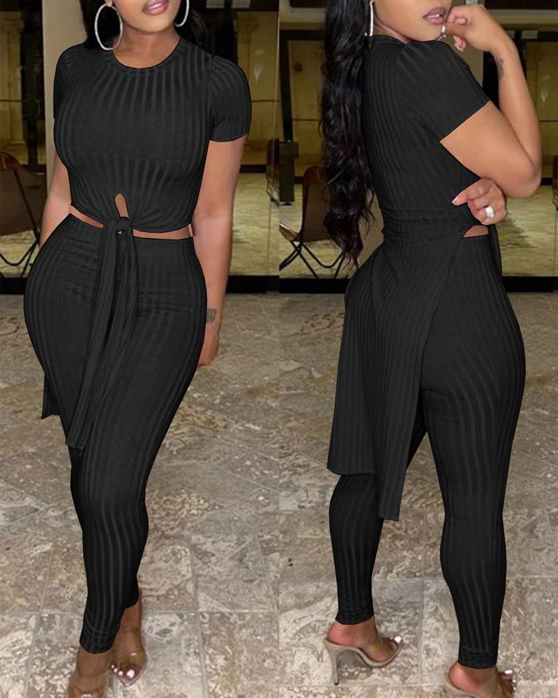 

Ribbed Split Hem Longline Top & Pants Set, Black