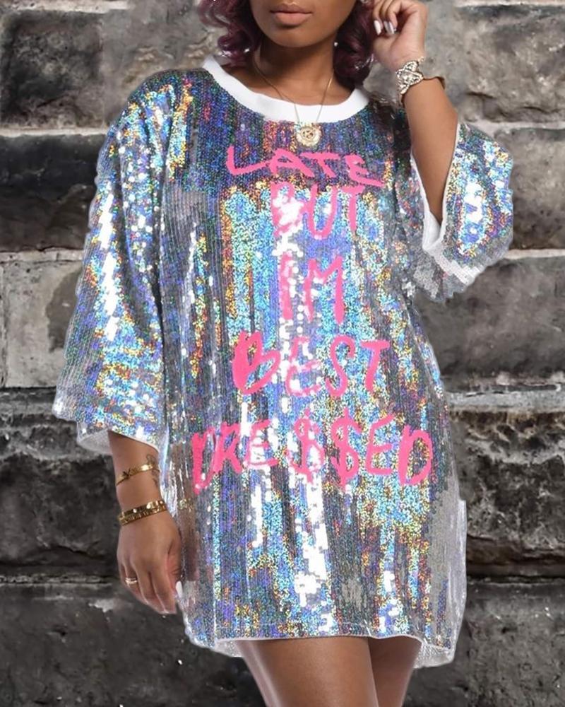 

Letter Pattern Sequins Loose T-shirt, Silver