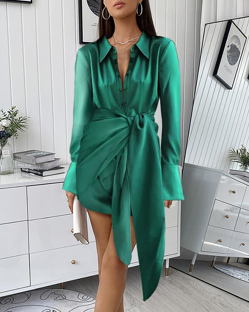 

Long Sleeve Solid Color Tied Detail Buttoned Satin Shirt Dress Elegant Mini Shirt Dress, Green