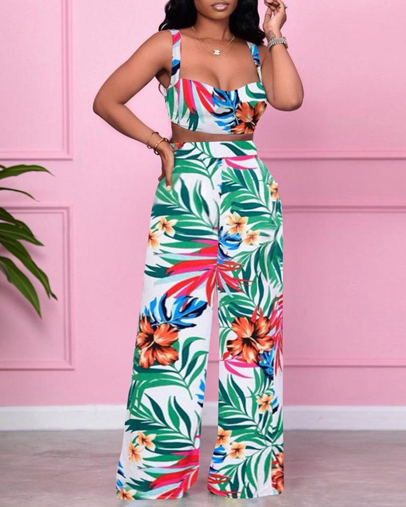 

Floral Print Thick Strap Crop Top & Pants Sets, White