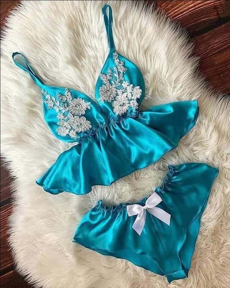 

Floral Lace Patch Bowknot Decor Cami Set, Blue