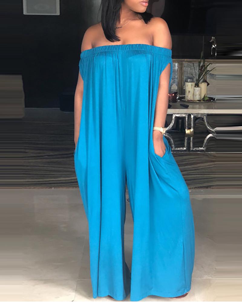 

Off Shoulder Pocket Design Ruched Wide Leg Jumpsuit, Blue