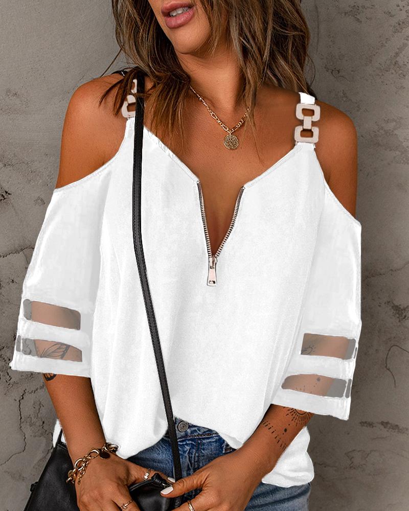 

Contrast Mesh Chain Strap Cold Shoulder Top, White