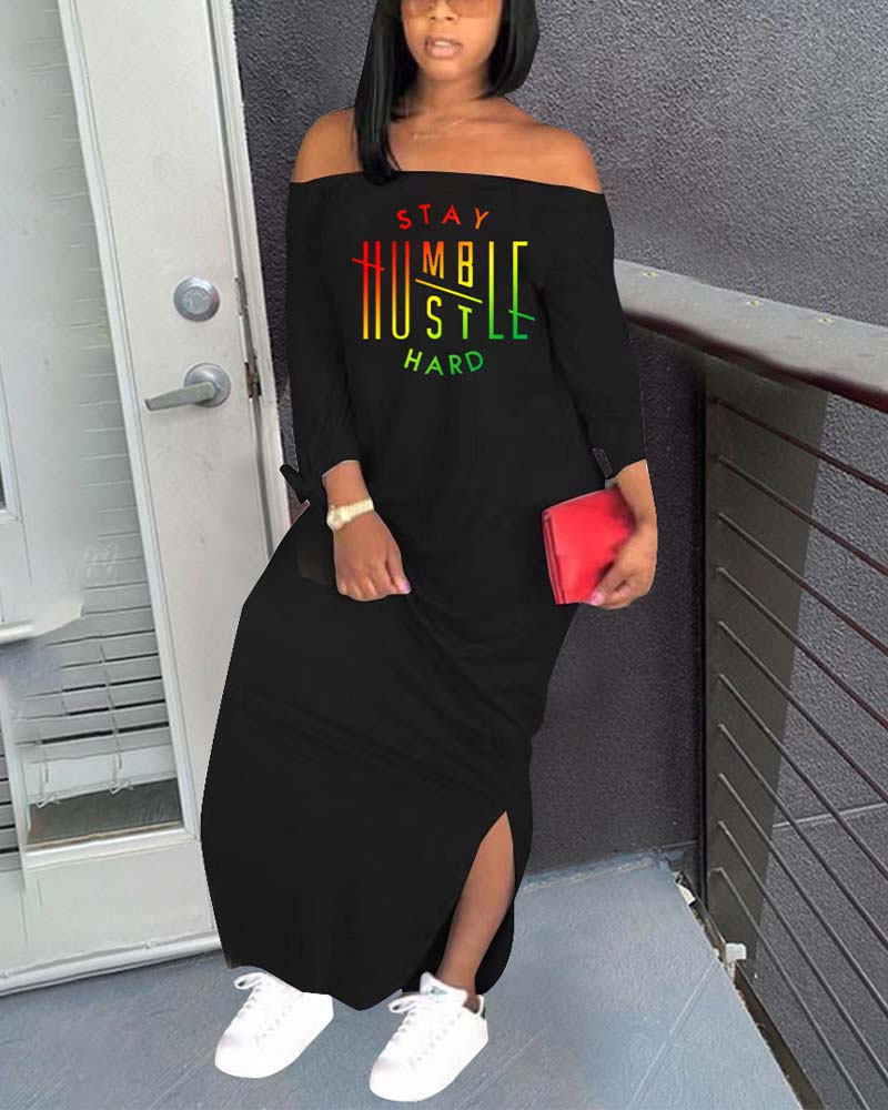 

Ombre Letter Print Off Shoulder Split Hem Maxi Dress, Black