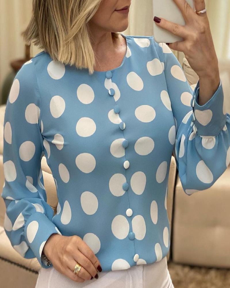 

Polkadot Print Lantern Sleeve Buttoned Top, Blue