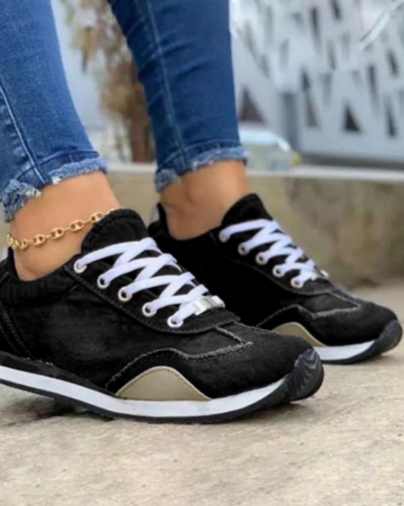 

Colorblock Lace-up Denim Print Sneakers, Black