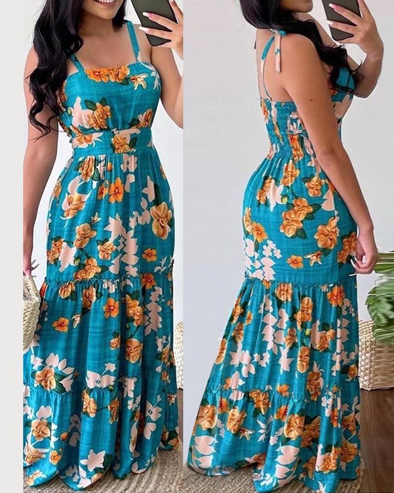

Floral Print Tied Detail Shirred Maxi Dress, Blue