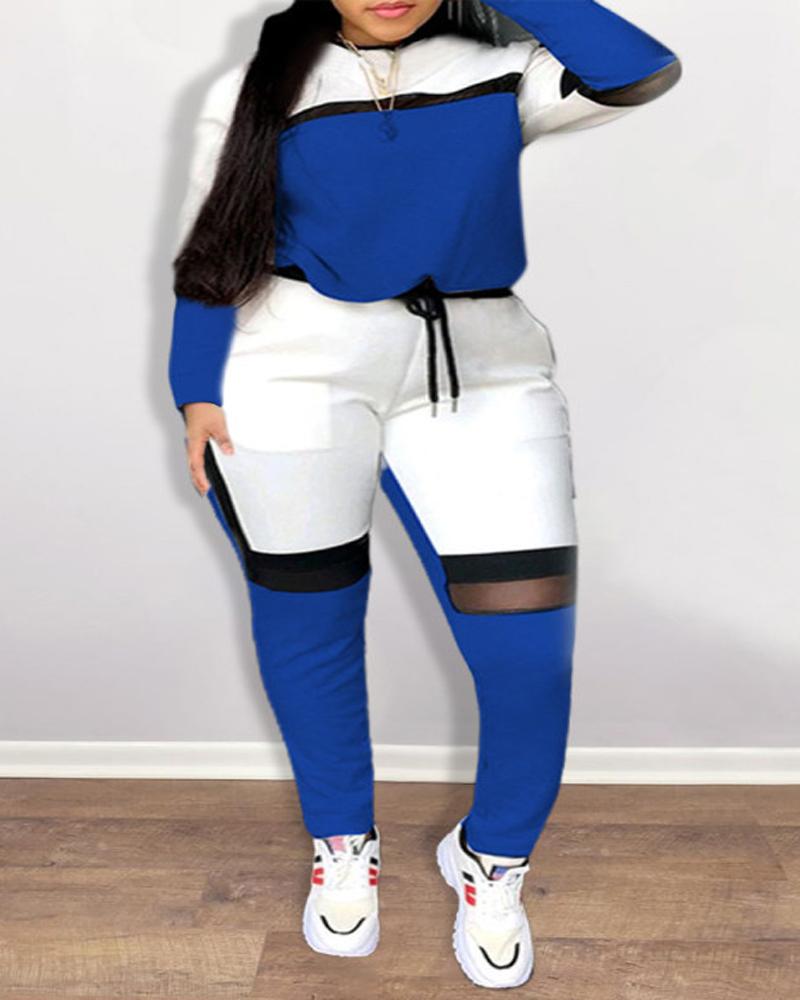 

Plus Size Colorblock Contrast Mesh Long Sleeve Top & Pants Set, Blue