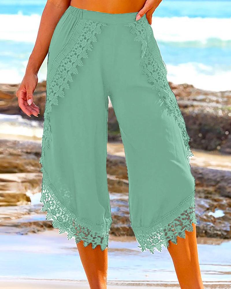 

Lace Patch Wide Leg Beach Pants, Green
