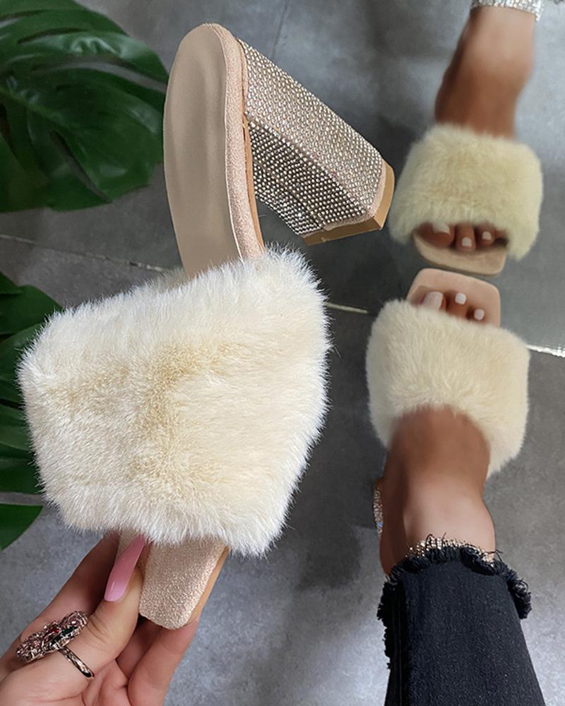 

Square-toe Solid Color Fluffy Heel Sandals, Beige