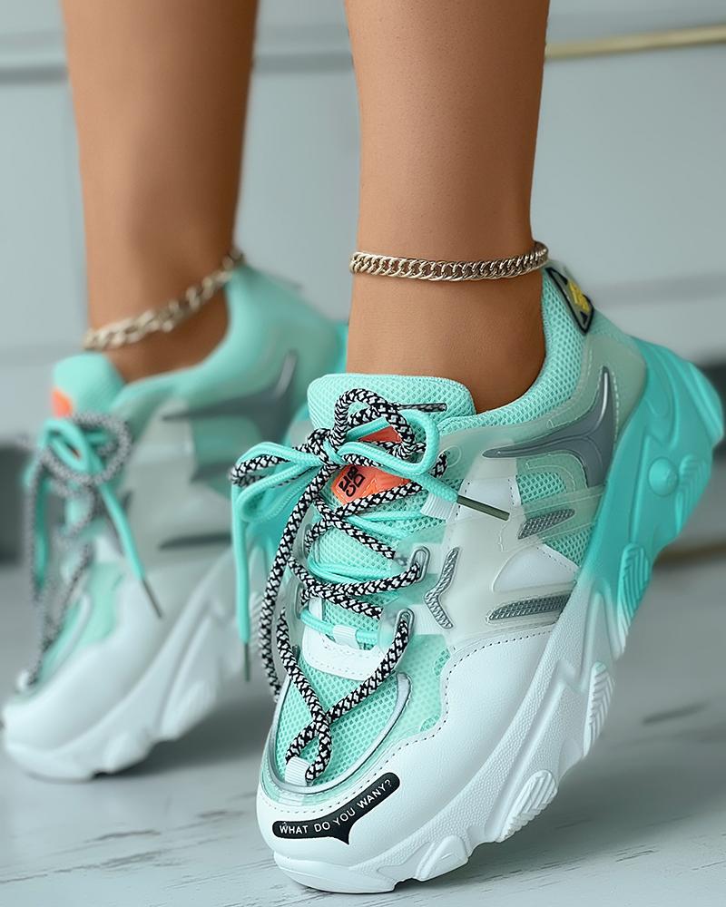 

Colorblock Lace-up Breathable Sneakers, White&green