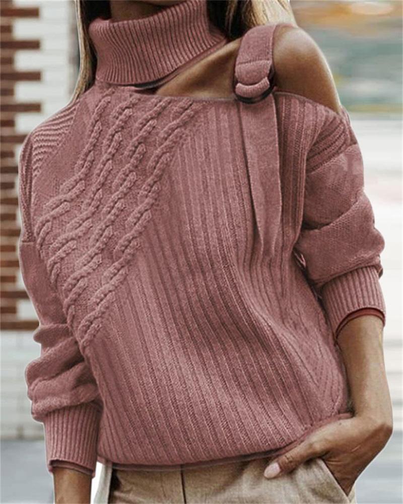 

Plus Size O-Ring Cold Shoulder Cable Knit Sweater, Pink