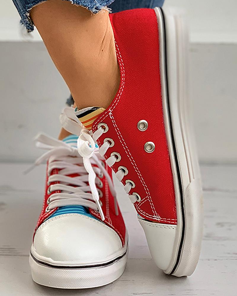 

Striped Colorblock Eyelet Lace-up Sneaker, Red
