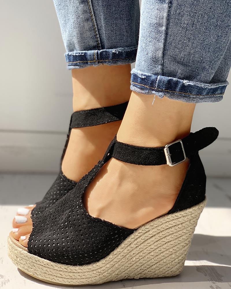 

Suede Hollow Out Espadrille Wedge Sandals, Black