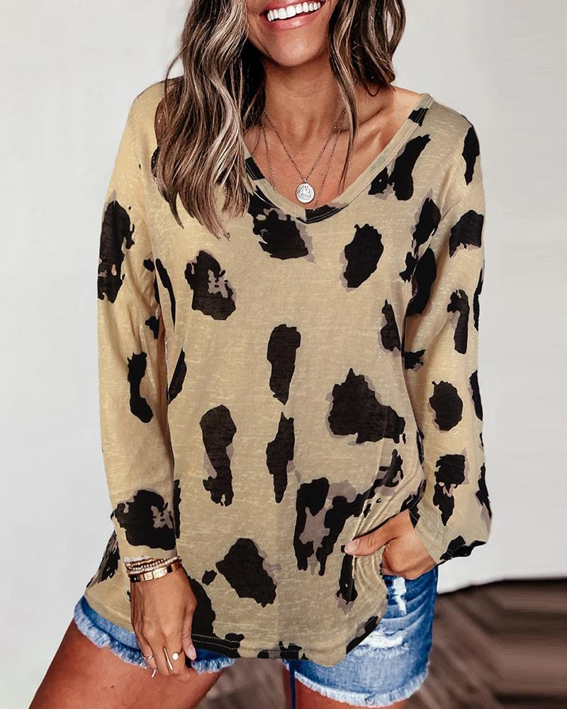 

Cheetah Print Colorblock Long Sleeve Casual Top, Khaki